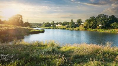 Panoramablick auf ein Gewässer umgeben von Grünflächen und Gebäuden im Hintergrund