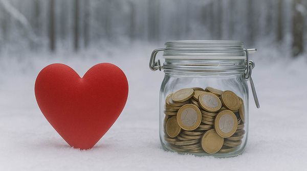 Ein Herz in einer Winterlandschaft, daneben ein gefülltes Spendenglas