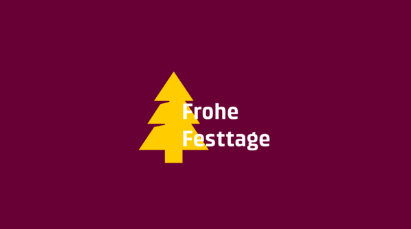 Gelbes Weihnachtsbaum-Symbol auf bordeauxrotem Hintergrund mit dem Schriftzug „Frohe Feststage“ in Weiß.